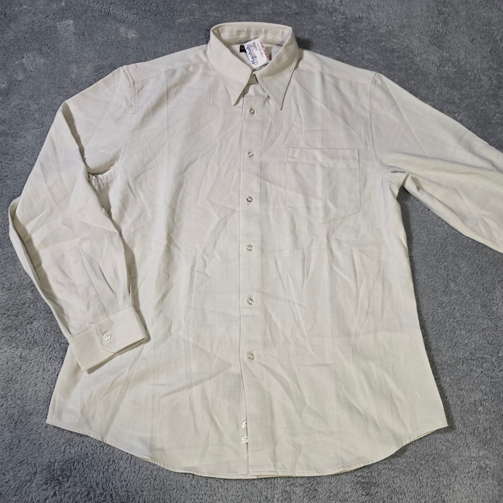 Reunion Mens Large Button Down Shirt Cream Long Sleeve Point Collar Poly Rayon